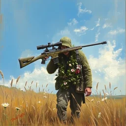 potrait of a sniper with ghillie suit with flowers walking in field, blue sky, detailed, painting by craig mullins, james jean