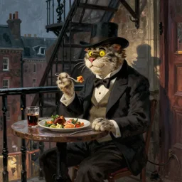 character portrait of a cartoonish tom waits sitting down on a fire escape eating dinner in gothic london, gothic, john singer sargent, muted colors, moody colors, illustration, digital illustration, amazing values, art by j. c. leyendecker, joseph christian leyendecker, william - adolphe bouguerea, graphic style, dramatic lighting, gothic lighting