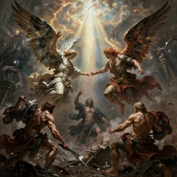 angels of war clash in a bloody war in heaven, hellish, brutal, god rays, volumetric lighting, octane render, 4 k resolution, art by artgerm and greg rutkowski and alphonse mucha, masterpiece, in a luminist baroque style