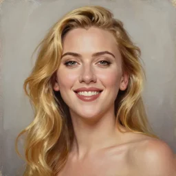 a very beautiful oil painting of scarlett johansson with long blond hair. she is very amused, very happy gentle smile, gentle joy, very aesthetic and attractive, portrait, trending on artstation