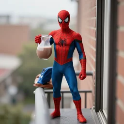 Spider-man holding a jug of chocolate milk standing on his balcony, 75mm, Nikon