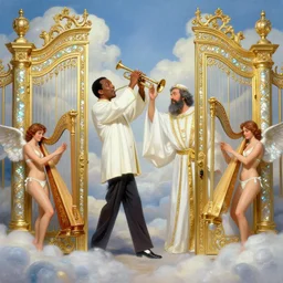 Louis Armstrong as Gabriel blowing his horn at the Pearly Gates of Heaven, clouds, beautiful buxom angels in bikinis playing harps, Peter O'Toole as St. Peter wearing golden white robes, ornate tall golden gates adorned with iridescent mother of pearl inlay, by Raphael and Thomas Kinkdade, trending on artstation, matte painting