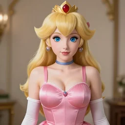 hyper realistic princess peach portrait, tight push up bra, large bust