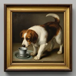 framed renaissance painting of a dog drinking water out of a cup