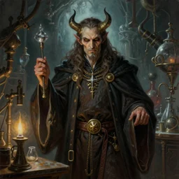 a super detailed illustration portrait painting of a evil alchemist in medieval hypercomplex lab setting, epic character art, volumetric lighting, art by tim hildebrandt, gerald brom, frank frazetta