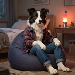 photo of a anthropomorphic furry border collie fursona wearing a flannel shirt and jeans sitting on a beanbag chair in his bedroom, bed, desk, lava lamp, deep focus, highly detailed, digital painting, artstation, concept art, matte, sharp focus, illustration, art by artgerm and greg rutkowski and alphonse mucha