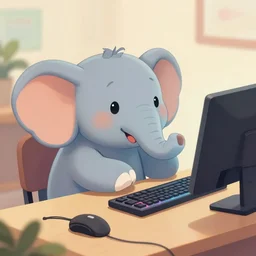 adorable chinese elephant playing a computer game