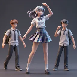james jean and ilya kuvshinov isolated vinyl figure high school girl boy, expert figure photography, expert moving dynamic pose, interesting color palette material effects, glitter accents on figure, anime stylized, accurate proportions artgerm realism, high delicate defined details, holographic undertones, ethereal lighting, octane render, editorial awarded design