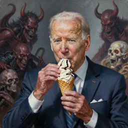 epic Joe Biden eats waffle cone ice cream in pandemonium, demons and souls, portrait, art by Wayne Barlowe, oil on canvas
