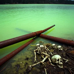 corpses and bones buried in oil and crossed by rusty pipes in a glowing iridiscent lake, leica, 2 4 mm