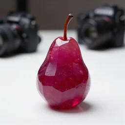 an big pear made of solid ruby crystal is sitting on the white table, clear focus, bokeh effect, high res, hasselblad, dslr, professional, cinematic