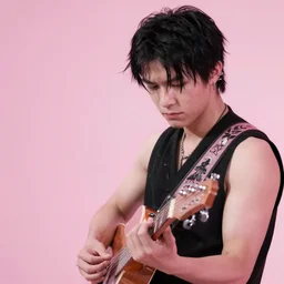 short black haired chinese rocker guy with a serious expression, wearing a black vest and playing a pink guitar, smoke in the background, full color digital illustration in the style of frank frazetta,, artgerm, artstation trending