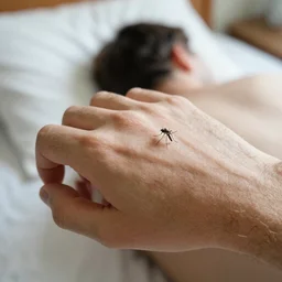'Dad with a mosquito on a bed'