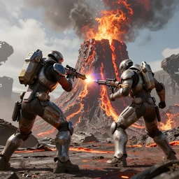 2 Titans from Titanfall 2 dueling over a tech volcano