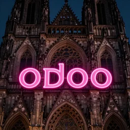 A beautiful gothic cathedral with a pink Odoo neon sign spelling the word ODOO in rounded lowercase letters, dramatic lighting, photorealistic