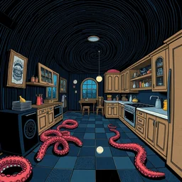 black palette, fisheye spiral lines, naive, extra narrow, detailed illustration of a kitchen, large floor, octopus shaped by rhads from lorax movie, trending artstation, dark blue underwater