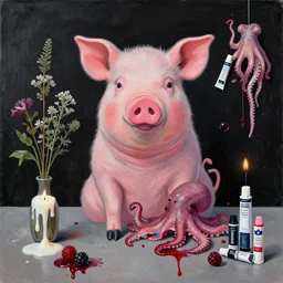 “ a portrait in an emo catgirl ’ s apartment, sensual, a pig theme, art supplies, paint tubes, octopus, ikebana, herbs, a candle dripping white wax, black walls, squashed berries, berry juice drips, acrylic and spray paint and oilstick on canvas, surrealism, neoexpressionism ”