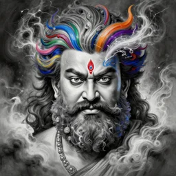 Mohanlal , colorful painting on grey scale face, powerful , magic, thunders, dramatic lighting, intricate, wild, highly detailed, digital painting, artstation, concept art, smooth, sharp focus, illustration, art by artgerm and greg rutkowski and alphonse mucha, footage