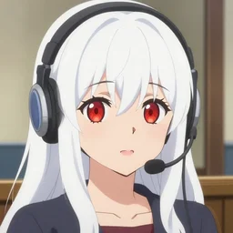 a fill still portrait of a white long hair red eyed young cute girl wearing a headset in a room interior, closeup, perfect art, gapmoe yandere, trending on pixiv fanbox, painted by makoto shinkai takashi takeuchi studio gibli, 4 k