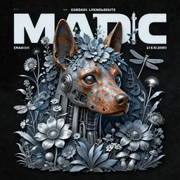 plotter art cyberpunk sci - fi cover magazine, rusty puppy cyborg head with a lot of garden flowers, beautiful whimsical botanical illustration, silver and blue flowers, dragonfly, firefly, mushrooms, enchanted botany, dark grainy background, by android jones and greg rutkowski, digital matte painting, papercut art style