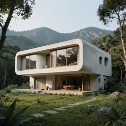 Retro-future brutalist house on a secluded mountain with trees around