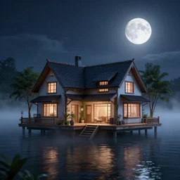 photorealistic wide shot of a beautiful house that floats on the water in the moonlight, octane render, unreal engine 4k, volumetric light, fog, detailed