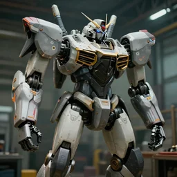 a closeup shot of a robot being repaired in factory,cyberpunk,2077,big mecha,gundam,realistic,8k
