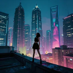 photo of cyberpunk show girl on a roof, looking up at cityscape of vertical cyberpunk city with high towers, shanghai, by Alena Aenami and blade runner and akira,