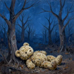 classic oil painting, abandoned teddy bear laying on ground, surrounded by endless dead trees at night, blue, as a book cover illustration, extremely detailed, intricate, cottagecore, readability, concept art, sharp focus, art by brothers hildebrandt