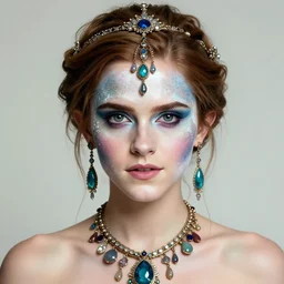 portrait of a fairy, symmetric, facepaint facepaint facepaint, intricate jewelry, trending on artstation superresolution, in the style of karol bak and tom bagshaw, bust with face of emma watson
