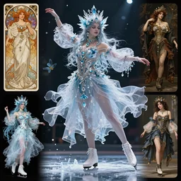 Character concept and fashion spot illustrations from the Final Fantasy gothpunk ice skating mashup, full-body, bloom, dynamic poses, diaphanous cloth, intricate crystalline and feather jewelry, ornate, filigree, arcane, cinematic lighting, by Alphonse Mucha, by Artgerm, by Bouguereau, by Sakimichan, fantasy, portfolio illustration, highly detailed, trending on Artstation, CGsociety, HQ, 8k, 35mm lens, f2.8, Bokeh,