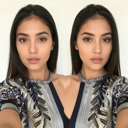 portrait selfie of olive skinned female in her twenties wearing designer clothes, highly symmetrical, natural beauty, proportional