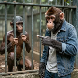 High tech monkey's dressed in causal clothes pointing at primitive human's locked in a cage.