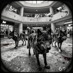 camera footage of a Several Feral Black Wolves with severe late stage rabies in an abandoned shopping mall, high exposure, dark, monochrome, camera,  grainy, CCTV, security camera footage, timestamp, zoomed in, Creepy, Feral, fish-eye lens, Rabid, Dire Wolf, Nightmare Fuel, Wolf, Evil, Stalking, Bite, Motion Blur, horrifying, lunging at camera :4 Blood on floors, windows and walls :5