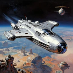 A highly detailed retro Sci-Fi concept art matte  painting set in space  by Boris Vallejo  of an intricate sleek silver space craft flying over an alien landscape and outposts  , trending on Artstation ,HD 4K , 70s retro sci-fi