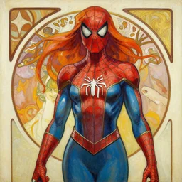 spider - woman by mcfarlane, alphonse mucha. acrylic painting.