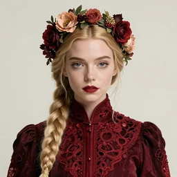 portrait anya taylor-joy, long blond braided hair with floral crown, dark red, intricate, elegant, highly detailed, artstation, concept art, smooth, sharp focus, illustration, bouguereau, rutkowski, mucha