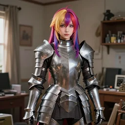 a masterpiece ultrarealistic ultradetailed photograph of a lifelike real anime girl that is dressed in steel plate armor, gorgeous, inside a very cluttered home, photoreal image, art by wlop, photoreal, colorful hair, highly rendered, blender, unreal engine, readable, extremely detailed, trending on artstation, sharp focus, 4 k
