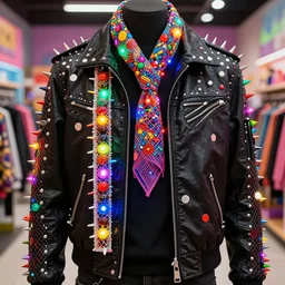 a punk jacket inspired by jawbreaker candy, led filled boa scarf, vaporwave mall aesthetic, dots, netting, spikes, fashionable, trendy, colorful