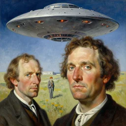 painting of a scene from an ancient historical ufo encounter, charles abel corwin, frank lloyd wright, alphonso mucha, highly detailed, oil painting, hyper realism, sharp focus, detailed face