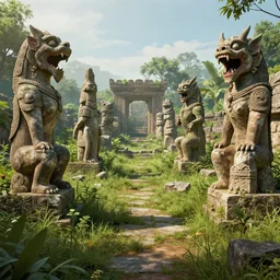 a photograph of an overgrown archeological site with statues of mythical beasts, scary creatures, sharp focus, detailed, 4 k, octane render, deviantart,