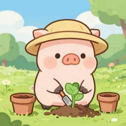 cute little piggy with a gardening hat doing some gardening on a summer day, chibi, cute, adorable, studio ghibli trending on artstation, pixiv, Deviantart, HD, golden ratio, rule of thirds