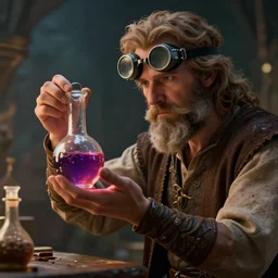 An Alchemist inspecting a potion in his hand with goggles on by Greg Rutkowski, 4k photorealistic, volumetric lighting, HD, high details, dramatic, trending on artstation
