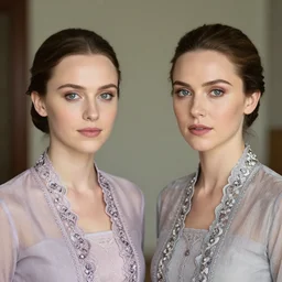 portrait of lindsey pelas and daisy ridley wearing kebaya, by charlotte grimm, natural light, detailed face, beautiful features, symmetrical, canon eos c 3 0 0, ƒ 1. 8, 3 5 mm, 8 k, medium - format print,