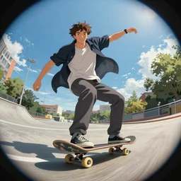 Manuel Valls riding a skateboard, digital painting, 4k, anime key visual, artstation, kuvshinov ilya, fisheye lens