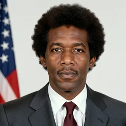 a close up of the united stats president wearing a suit and tie, black man with afro, a character portrait by frank barrington craig, reddit, precisionism, 1 9 7 0 s, provia, studio portrait