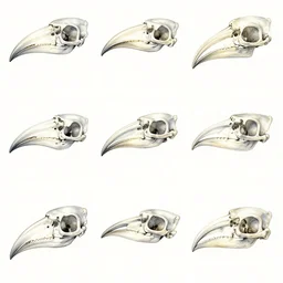 montage of style sheets, bird bone beak bird bones, hand drawn