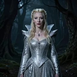 portrait of ((mischievous)), baleful Cate Blanchett as Galadriel as a queen of fairies, dressed in a beautiful silver dress. The background is a dark, creepy eastern europen forrest.  night, horroristic shadows, high contrasts, lumnious, theatrical, character concept art by ruan jia, thomas kinkade, and J.Dickenson, trending on Artstation