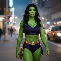 Rhea Ripley as She Hulk on the street in New York City at night, Lights are on down the street, light fog in the background, cinematic, realistic, detailed, portrait, green skin