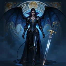 beautiful woman, vampire knight, sword made from bat wings, full body shot, dark blue lights,  Dan Mumford, Peter Mohrbacher, Alfons Mucha, epic fantasy character, D&D character, detailed illustration, hd, 4k, digital art, overdetailed art, concept art, trending on artstation